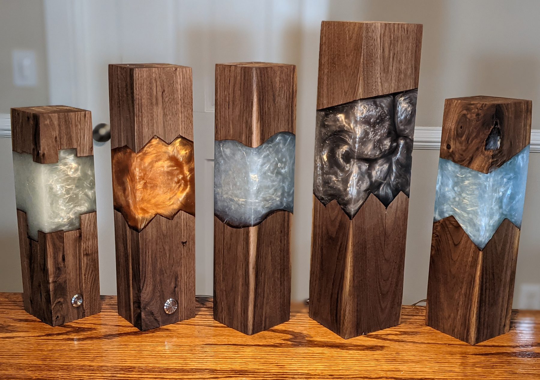 Walnut and epoxy pillar lamps